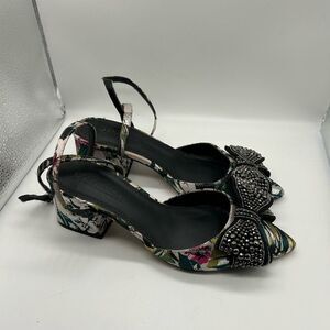 ASOS Rhinestone Bow Floral Print Ankle Wrap Block Heel Size 5